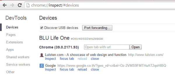 Google Chrome's Devices Tab showing a connected device with loaded tabs.