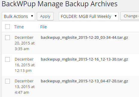 The list of recent backups for a corresponding job.